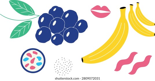 A colorful vector illustration featuring blueberries, bananas, passionfruit, and mint leaves arranged on a white background, ideal for food-related designs.