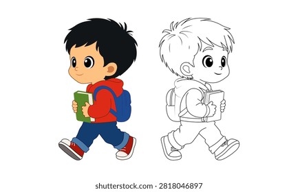 A colorful vector illustration featuring a boy with a backpack and book, alongside its black and white outline version on a white background.