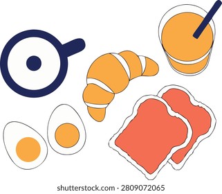 A colorful vector illustration featuring breakfast foods including a croissant, fried egg, toast, and orange juice with a magnifying glass.