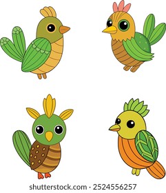 Una colorida Ilustración vectorial con cactus en varias Formas y tamaños, adornados con pájaros juguetones encaramados en lo alto. El diseño captura la esencia de un paisaje desértico, combinando vibrante