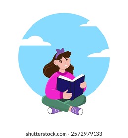 A colorful vector illustration featuring a cheerful girl sitting cross-legged while reading a book. The background includes a bright blue sky with fluffy white clouds.