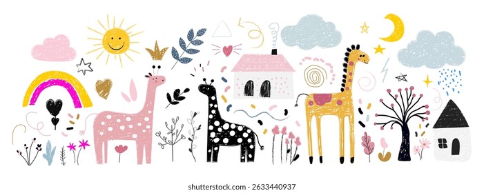 Colorful vector illustration featuring a cute kid style sketch drawn by hand with crayon, pencil, and chalk. 