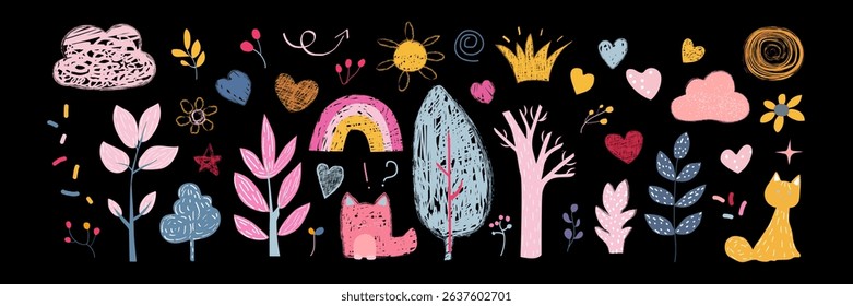 Colorful vector illustration featuring a cute kid style sketch drawn by hand with crayon, pencil, and chalk. Playful flower elements and creative doodles.