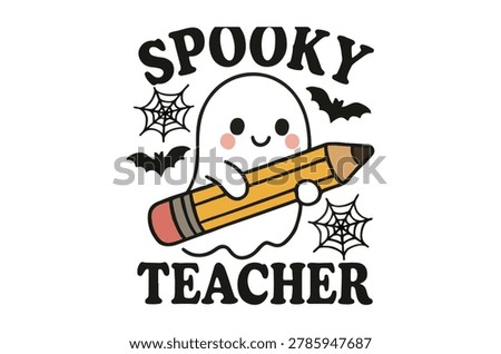 A colorful vector illustration featuring a cute ghost holding a pencil, surrounded by bats and spiderwebs, with the text 'Spooky