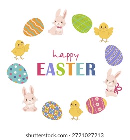 Ilustración vectorial colorida con Elementos de Pascua como conejitos lindos, huevos decorados y pollitos alegres. El diseño captura el espíritu festivo y lúdico de la Pascua.