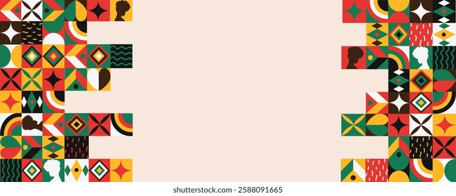 A colorful vector illustration featuring a festive border of African-inspired patterns and silhouettes, ideal for Black History Month events and creative projects.