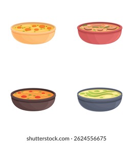 Colorful vector illustration featuring four varieties of cartoonstyled soup in bowls
