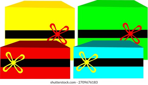 Una colorida Ilustración vectorial con cuatro cajas de regalo en una sola composición, decoradas con cintas y lazos en varios estilos. Perfecto para diseños festivos, promociones de vacaciones, temas de cumpleaños