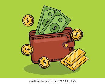Colorida Ilustración vectorial con una cartera de piel llena de dinero en efectivo, rodeada de monedas de oro y barras de oro apiladas
