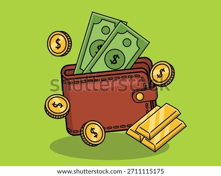 Colorful vector illustration featuring a leather wallet filled with cash, surrounded by gold coins and stacked gold bars
