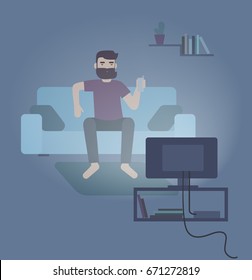 Colorful vector illustration featuring man sitting on a sofa and watching TV at night. Flat vector illustration.