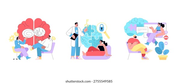 Colorful vector illustration featuring scenes of mental health therapy, highlighting sessions with a therapist, cognitive understanding with a doctor, and online counseling.