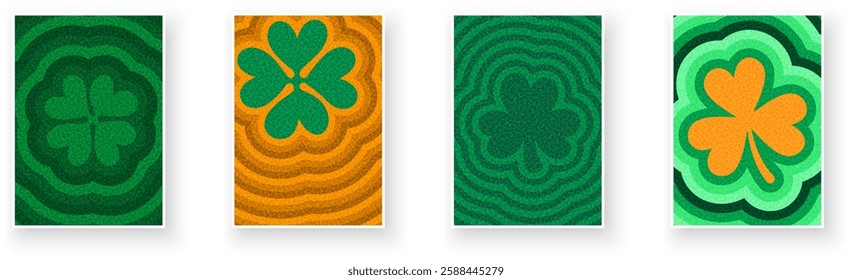 A colorful vector illustration featuring shamrocks and four-leaf clovers with dynamic ripple backgrounds, symbolizing luck and Irish heritage.