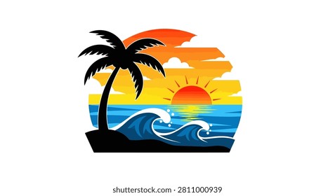 A colorful vector illustration featuring a silhouette of a palm tree on a shore with rolling blue ocean waves against a bright sunset sky.