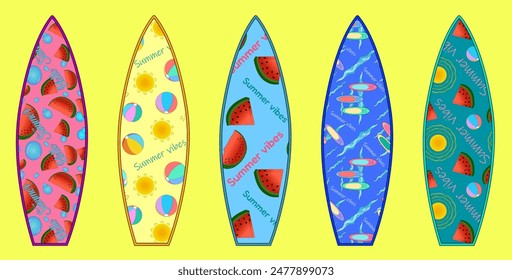 A colorful vector illustration featuring surfboards with summer-themed designs, perfect for beach lovers and surfing enthusiasts.