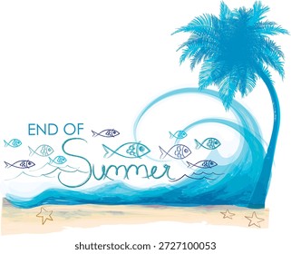 Uma ilustração vetorial colorida com o texto "Fim do Verão" situado dentro de uma cena de praia tropical. O projeto inclui uma palmeira azul, uma onda oceânica dinâmica, peixes desenhados à mão e estrelas-do-mar em costas arenosas, capturando uma despedida alegre para a temporada de verão. Ideal para promoções sazonais, cartazes, gráficos de mídia social e designs com tema de verão.
