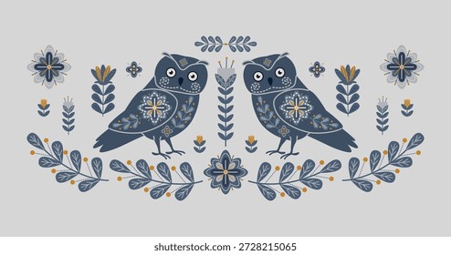 Ilustração vetorial colorida com duas corujas decorativas cercadas por intrincados padrões florais e foliares. O design de arte popular simétrico destaca a ornamentação tradicional e o estilo.