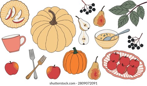 A colorful vector illustration featuring a variety of autumn fruits and vegetables like pumpkins, pears, apples, and berries on a white background.
