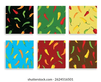 Colorful vector illustration featuring various chili pepper patterns on diverse backgrounds