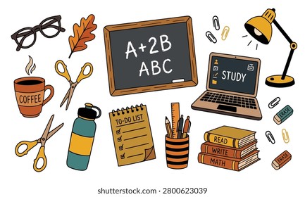 A colorful vector illustration featuring various school supplies like a chalkboard, laptop, books, and coffee, representing education and learning.