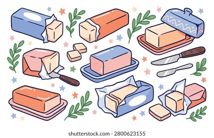 A colorful vector illustration featuring various butter sticks, dishes, and pats with decorative leaves and stars on a white background.
