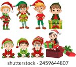 Colorful vector illustration of festive Christmas elves