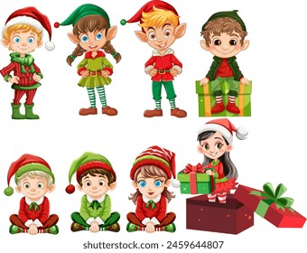 Colorful vector illustration of festive Christmas elves