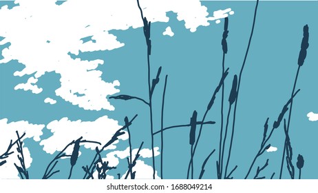 Colorful vector illustration. Field grass on a background of blue sky with clouds. Summer vibes. Nature.