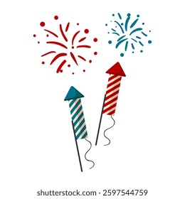 A colorful vector illustration of fireworks exploding in the sky with two striped rockets below, isolated on a white background.