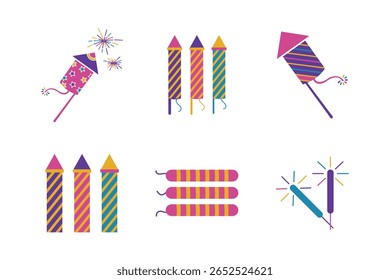 Ilustração vetorial colorida de fogos de artifício e faiscadores para celebrações diwali, ano novo e outros festivais