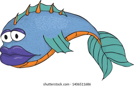 Colorful vector illustration of a fish with sad expression.
