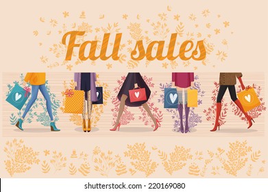 The colorful vector illustration of five women with shopping bags. Autumn and summer sales for your design.