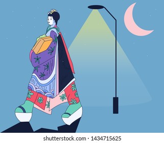 Colorful vector illustration in flat cartoon style.Geisha white face in Kyoto at night.Triangle japanese grapic Geisha in Gion Kyoto.