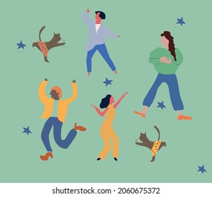Colorful vector illustration in flat cartoon style.dancing  alcohol. beer. fun. girl's party, the moon is funny, music is summer,the cat is serving a glass