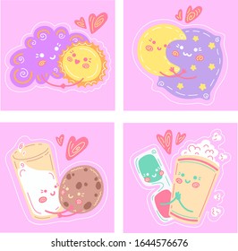 Colorful vector illustration. Flat characters on pink background. Set of stickers with loving couples that are perfect for each other and cuddle.Couple in love together, valentine sketch for design