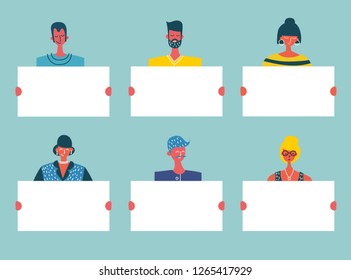 Colorful vector illustration in flat style. Set of smiling young men and women holding clean placards. Bundle of joyful male and female cartoon characters demonstrating empty banners. 