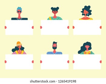 Colorful vector illustration in flat style. Set of smiling young men and women holding clean placards. Bundle of joyful male and female cartoon characters demonstrating empty banners. 