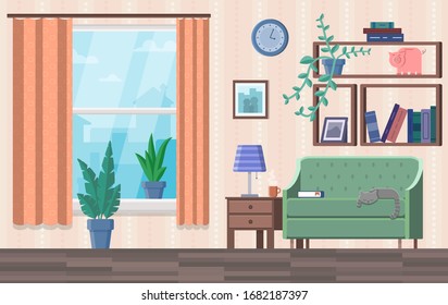 colorful vector Illustration in flat style, comfortable living room interior with cat sleeping on sofa. introvert’s Cozy home with armchair, poster on wall, lamp, window, houseplant and book shelf