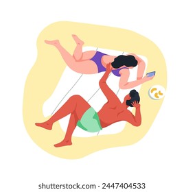 A colorful vector illustration in flat style showcasing friends enjoying their time on a sandy beach, ideal for social and travel themes.