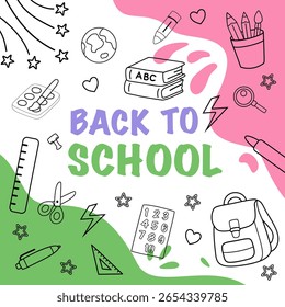 Colorful vector “Back to School” illustration in a flat style with bold text and black-and-white school doodles: books, backpack, pencils, scissors, ruler, numbers, stars, and globe. EPS 10