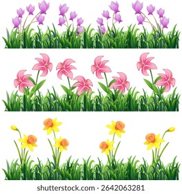 Colorful vector illustration of floral borders featuring tulips, lilies, and daffodils in lush green grass