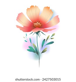 A colorful vector illustration of a flower with gradient coral and peach petals on a white background with watercolor elements. Elegant style, suitable for spring, nature, or floral designs.