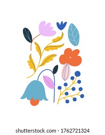 Colorful vector illustration and flowers  Flower composition and leaves   berries  Decorative element for cards  posters  stationery  tote bags 