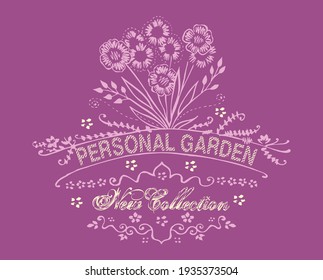 Colorful vector illustration of flowers in scribbled style and text.