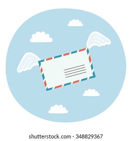 Colorful vector illustration of flying envelope in the sky and clouds