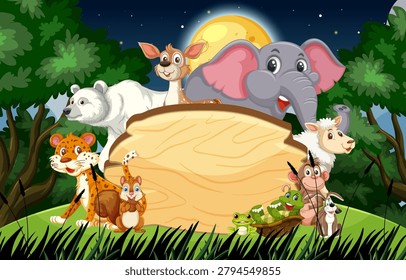 Colorful vector illustration of forest animals with blank wooden sign, moonlit night, cartoon style