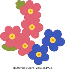 Colorful vector illustration of forget-me-not flowers in blue and pink with yellow centers and green leaves
