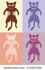 Colorful vector illustration of four cats being held by hands, cartoon style.