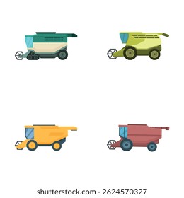 Ilustración vectorial colorida de cuatro diferentes camiones de volteo de minería de estilo de dibujos animados aislados en blanco