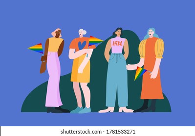 Colorful vector illustration with four people. Four girls with rainbow flags. Women of different ethnicity. Diversity, activism. Support of LGBT community.